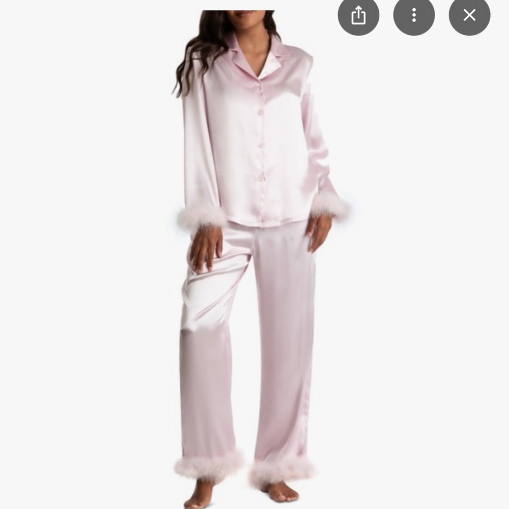 Red Satin Pajama Set with Feather Cuffs